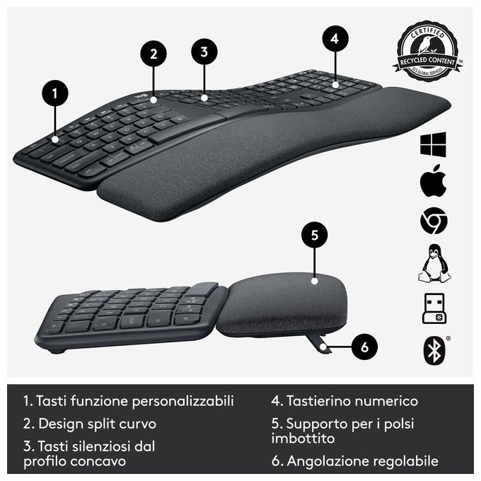 Logitech ERGO K860 Tastiera Ergonomica Wireless Split QWERTY Layout Italiano Bluetooth 2.4 GHz Supporto Polsi colore Grafite