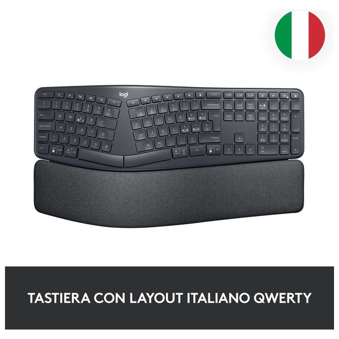 Logitech ERGO K860 Tastiera Ergonomica Wireless Split QWERTY Layout Italiano Bluetooth 2.4 GHz Supporto Polsi colore Grafite