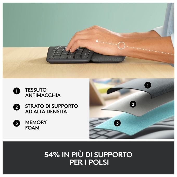 Logitech ERGO K860 Tastiera Ergonomica Wireless Split QWERTY Layout Italiano Bluetooth 2.4 GHz Supporto Polsi colore Grafite