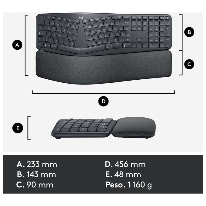 Logitech ERGO K860 Tastiera Ergonomica Wireless Split QWERTY Layout Italiano Bluetooth 2.4 GHz Supporto Polsi colore Grafite
