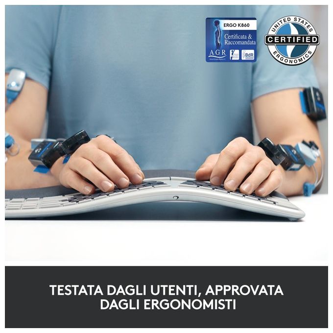 Logitech ERGO K860 Tastiera Ergonomica Wireless Split QWERTY Layout Italiano Bluetooth 2.4 GHz Supporto Polsi colore Grafite