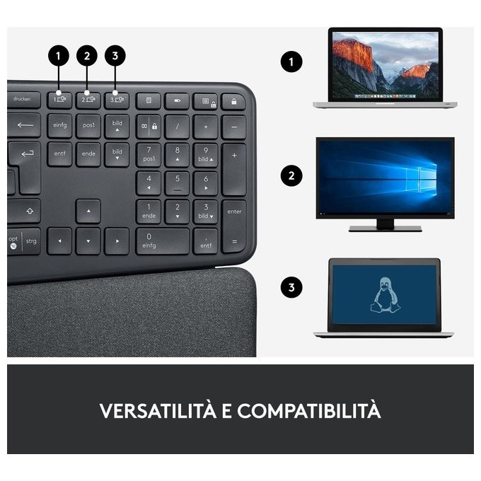 Logitech ERGO K860 Tastiera Ergonomica Wireless Split QWERTY Layout Italiano Bluetooth 2.4 GHz Supporto Polsi colore Grafite