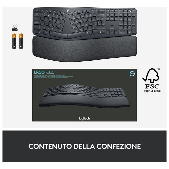 Logitech ERGO K860 Tastiera Ergonomica Wireless Split QWERTY Layout Italiano Bluetooth 2.4 GHz Supporto Polsi colore Grafite