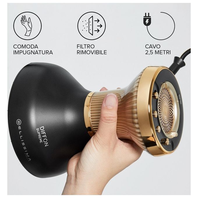 Bellissima 11824 Diffon Supreme Asciugacapelli 770 W Ceramica Argan Oil Ionico 2 Velocita' 3 Temperature Diffusore XL colore Nero Oro