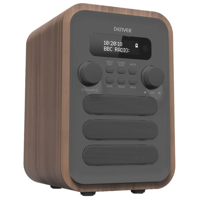 Denver DAB-48GREY Radio Digitale DAB+ FM Bluetooth 2,5 W 80 Preset Doppia Sveglia Telecomando colore Grigio Legno