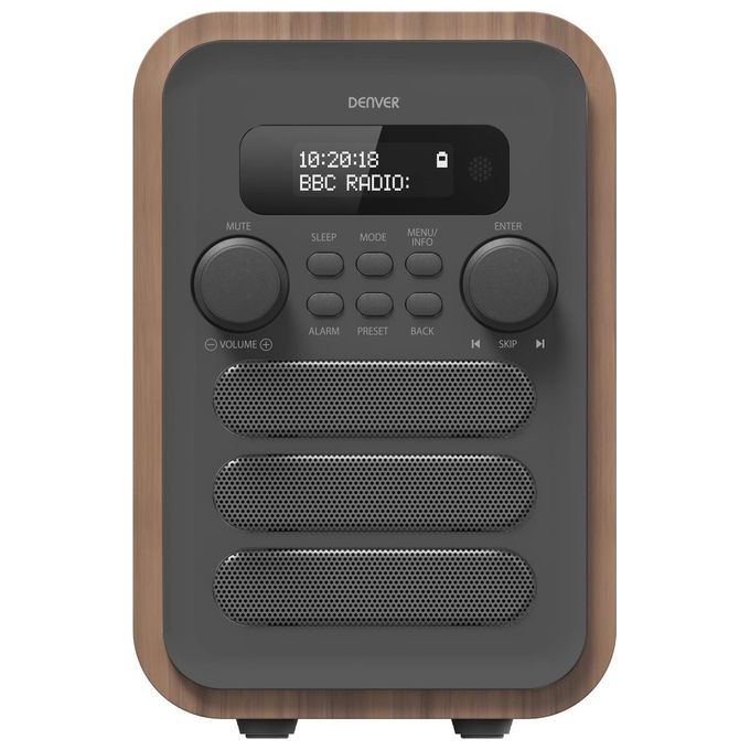 Denver DAB-48GREY Radio Digitale DAB+ FM Bluetooth 2,5 W 80 Preset Doppia Sveglia Telecomando colore Grigio Legno
