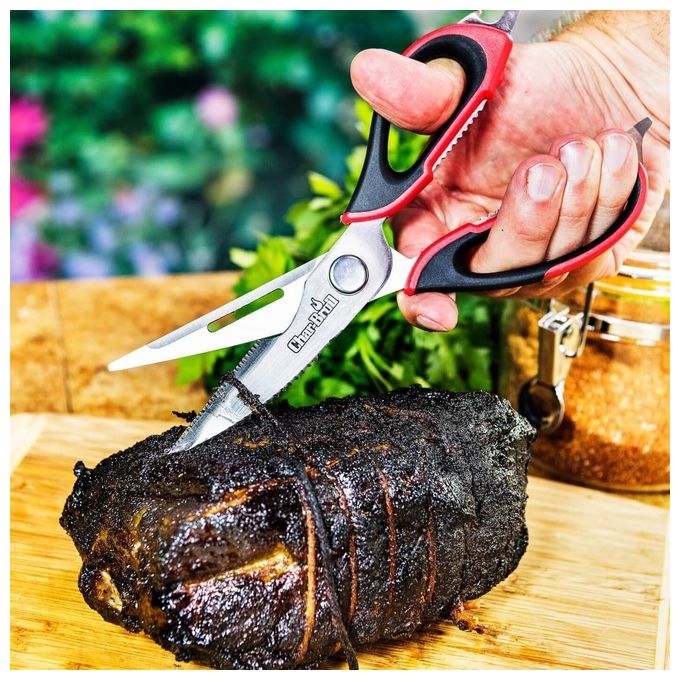 Char-Broil 140024 Forbici per Carne lame in acciaio inossidabile separabili apribottiglie lavabile in lavastoviglie colore Nero Rosso Acciaio