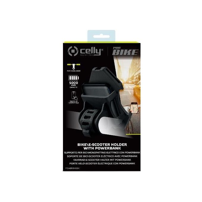 Celly POWERBIKEBK Supporto Smartphone per Bici con Power Bank 5000 mAh 2 Porte USB Rotazione 360° colore Nero