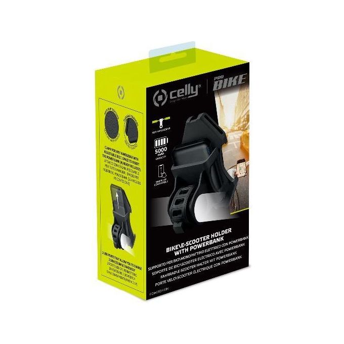 Celly POWERBIKEBK Supporto Smartphone per Bici con Power Bank 5000 mAh 2 Porte USB Rotazione 360° colore Nero