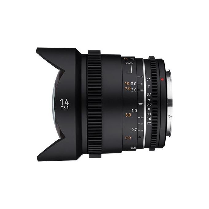 Samyang 23052 VDSLR MK2 Obiettivo Cinematografico Manuale 14 mm T3.1 per Canon RF Full Frame Angolo di Campo 115.7° con Scala Focus e Apertura su Entrambi i Lati colore Nero