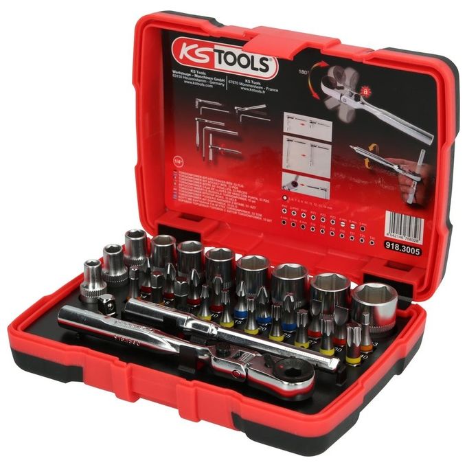KS Tools 918.3005 Valigetta Bussole 1-4'' 33 Pezzi in Acciaio al Cromo Vanadio con Inserti Colorati e Cricchetto 72 Denti colore Nero