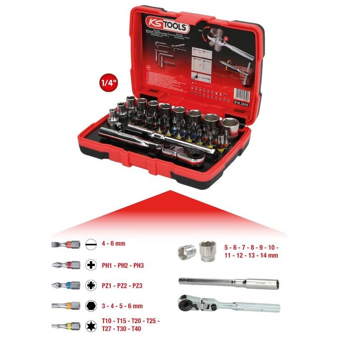 KS Tools 918.3005 Valigetta Bussole 1-4'' 33 Pezzi in Acciaio al Cromo Vanadio con Inserti Colorati e Cricchetto 72 Denti colore Nero