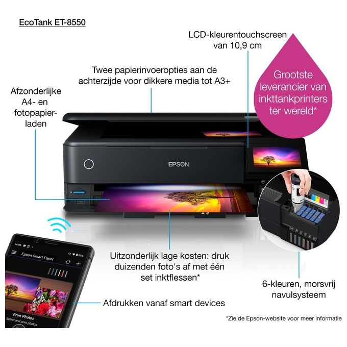 Epson C11CJ21401 EcoTank ET-8550 Stampante Multifunzione Inkjet A3+ 6 colori 5760x1440 DPI Wi-Fi Ethernet Touchscreen colore Nero