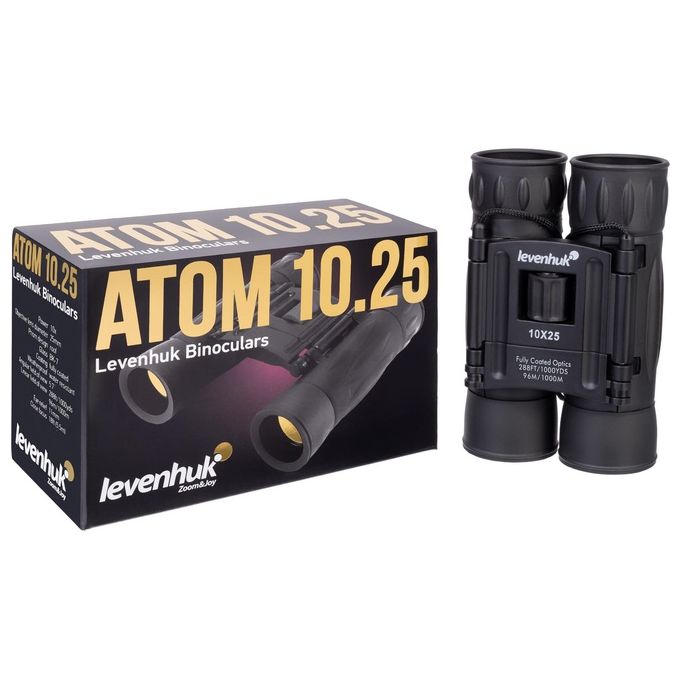 Levenhuk 67676 Atom Binocolo 10x25 A tetto con Obiettivo 2,5 cm Campo Visivo 96m a 1000m Pupilla di Uscita 2,5 mm colore Nero