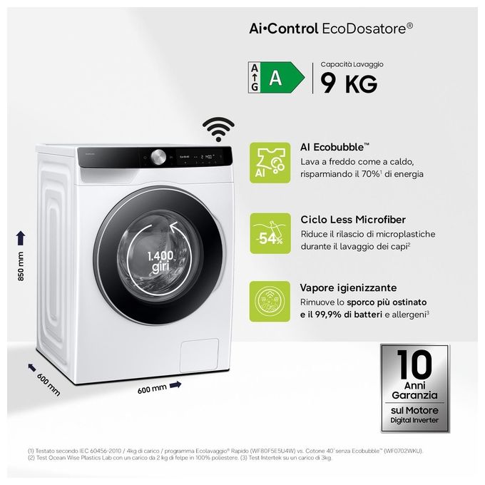 Samsung WW90DG6U85LKU3 AI Ecobubble Lavatrice Frontale 9 Kg 1400 rpm Classe A Wi-Fi Ecodosatore Vapore (85x60x55 cm) colore Bianco
