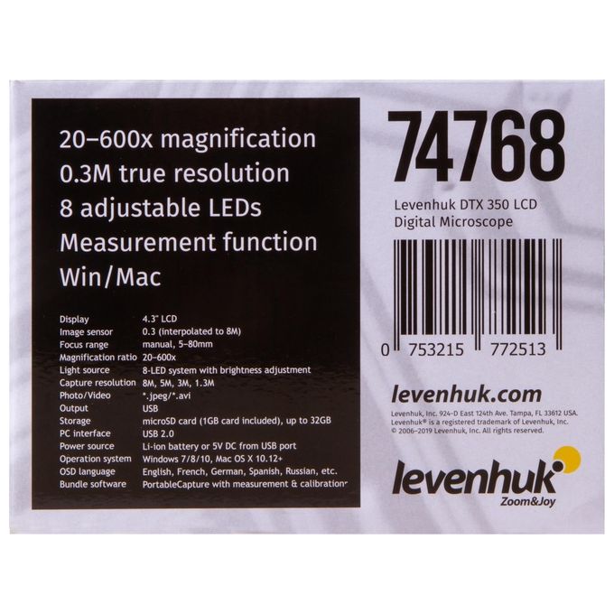 Levenhuk 74768 DTX 350 LCD Microscopio digitale Ingrandimento 20x-600x Fotocamera 0,3 MP Display 4,3'' colore Nero Bianco