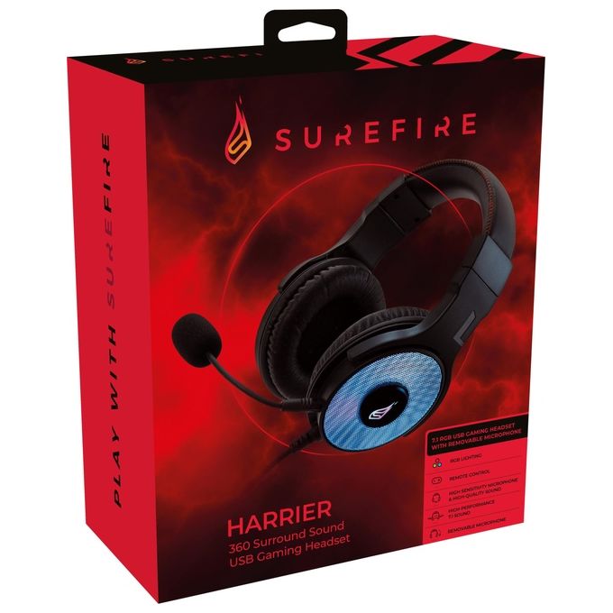 SureFire 48822 Harrier 360 Cuffie Gaming USB Surround 7.1 Virtuale RGB Microfono Staccabile colore Carbonio