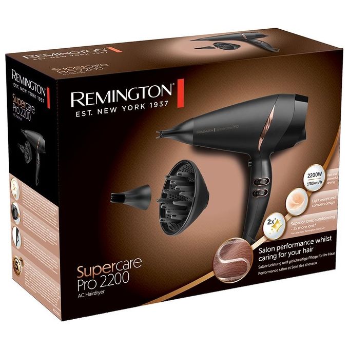 Remington AC7200 Supercare Pro Asciugacapelli 2200 W Motore AC Ionico 2 Velocita' 3 Temperature Concentratori e Diffusore colore Nero