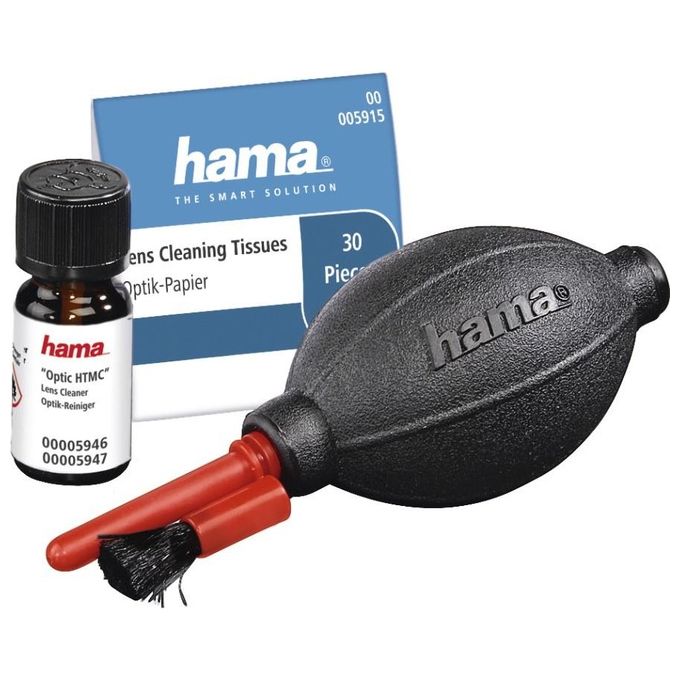 Hama OPTIC HTMC DUST EX Kit Pulizia Fotocamera 4 in 1 con Soffiatore Detergente 12 ml Carta per Lenti e Custodia colore Nero Rosso