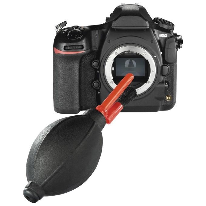 Hama OPTIC HTMC DUST EX Kit Pulizia Fotocamera 4 in 1 con Soffiatore Detergente 12 ml Carta per Lenti e Custodia colore Nero Rosso