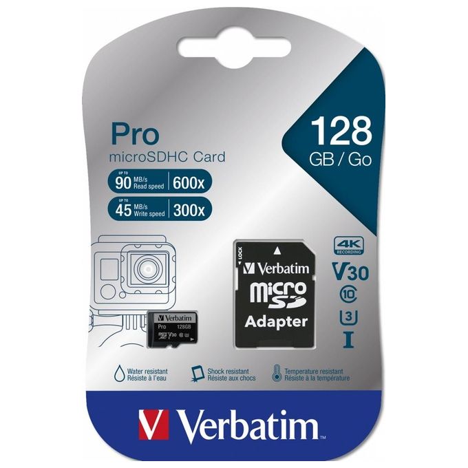 Verbatim 47044 Pro Scheda di Memoria MicroSDXC 128 GB UHS-I U3 V30 90 MB-s 45 MB-s con Adattatore SD colore Nero