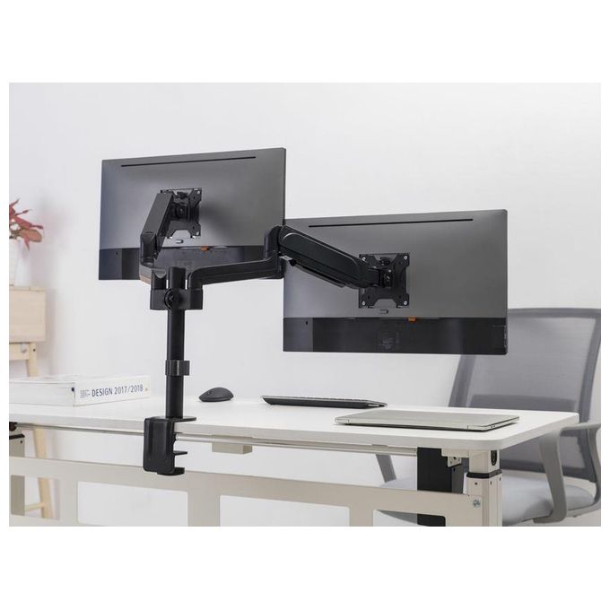 Equip 650133 Staffa di Montaggio da Scrivania per Doppio Monitor 17''-32'' VESA 75x75 100x100 Regolazione Altezza con Molla a Gas Rotazione 360° Inclinazione ±35° colore Nero
