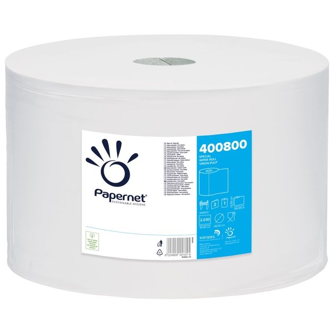 Papernet 400800 Bobina Asciugatutto Industriale in Pura Cellulosa 2 Veli 2030 Strappi 36,5x25,8 cm colore Bianco