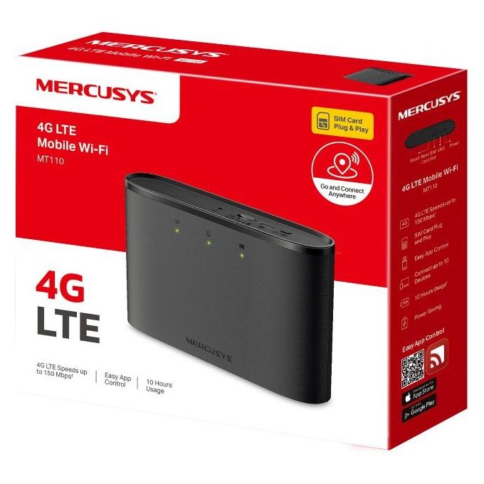 Mercusys MT110 Router Wi-Fi 4G LTE Mobile con Batteria Integrata 2200mAh fino a 10 ore di autonomia Wi-Fi 2.4 GHz fino a 150 Mbps 10 dispositivi connessi contemporaneamente NanoSIM colore Nero