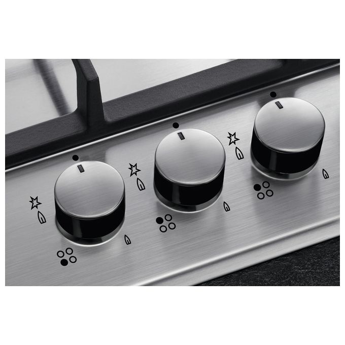Aeg HGB75400SM Piano Cottura a Gas 75cm 5 Bruciatori 1 Bruciatore Wok Tripla Corona Inox con Cruscotto Comandi in Cristallo