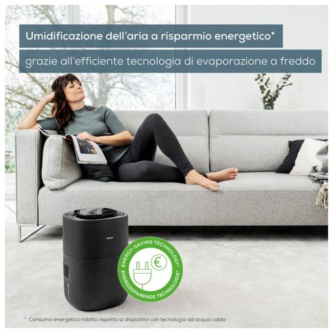 Beurer 10069 LB 200 Umidificatore per ambienti fino a 30 m² Tecnologia di evaporazione a freddo 3 livelli di velocita' Funzione di asciugatura del filtro Display digitale colore Nero