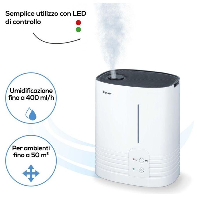 Beurer 686.05 LB 55 Umidificatore a Vapore Caldo per Ambienti fino a 50 m² con 2 Livelli di Umidificazione 400 ml-h e Spegnimento Automatico colore Bianco