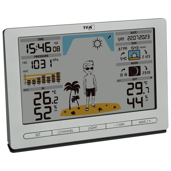 TFA-Dostmann 35.1097.54 Meteo Jack Stazione Meteo Wireless Display Colori Previsioni 12-24h Temperatura Umidita' Pressione Fasi Lunari colore Argento