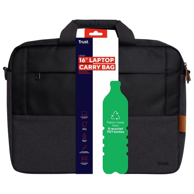 Trust 25246 Lisboa Borsa Porta PC 16'' Poliestere Riciclato Tracolla Rimovibile Cinghia Trolley colore Nero