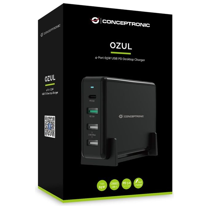 Conceptronic OZUL01B Caricatore Desktop 65 W con USB-C PD 3.0 e 3 USB-A QC 3.0 colore Nero