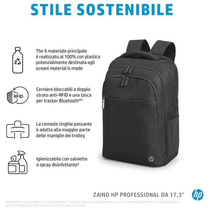 HP 500S6AA Professional Zaino per Notebook 17,3'' Poliestere Resistente all'Acqua 6 Scomparti Porta Bottiglia colore Nero