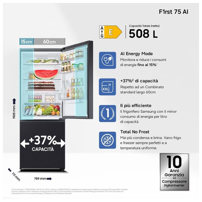 Samsung RB50DG601EB1EF F1rst 75 AI Frigorifero Combinato 508 L 192 cm Classe E 35 dB No Frost SpaceMax Wi-Fi colore Antracite