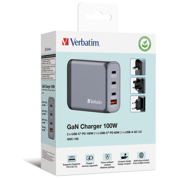 Verbatim 32202 GNC-100 Caricatore da muro 100 W con 3 USB-C PD 3.0 e 1 USB-A QC 3.0 colore Nero Grigio
