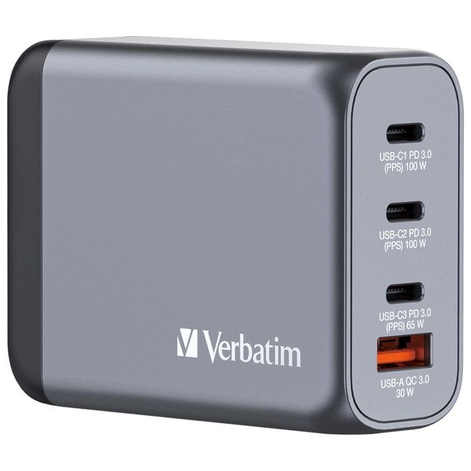 Verbatim 32202 GNC-100 Caricatore da muro 100 W con 3 USB-C PD 3.0 e 1 USB-A QC 3.0 colore Nero Grigio