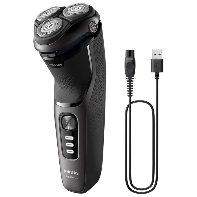 Philips S3343-13 Shaver Serie 3000 Rasoio elettrico rotativo Wet Dry 3 testine autonomia 60 min colore Nero Cromo
