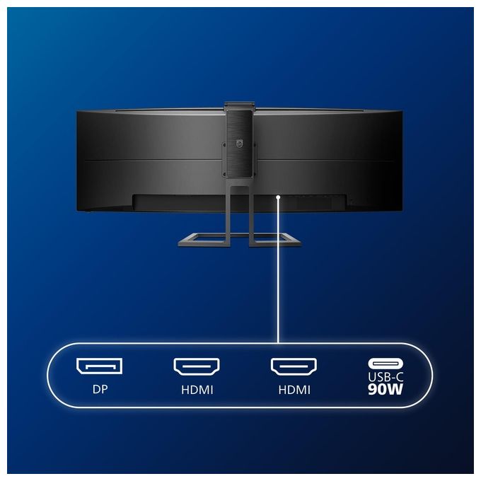 Philips Monitor Curvo 49'', 499P9H, Gaming Superwide 32:9, risoluzione 5120*1440, Adaptive Sync, HDR 400, Multiview con KVM Switch integrato, Docking station USB-C, Microfono, Low Blue, Vesa, Nero