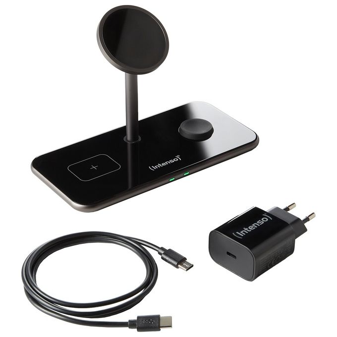 Intenso 7410810 MB13 Caricabatterie Wireless 3 in 1 Compatibile MagSafe Ricarica Rapida 15 W con Alimentatore USB-C Nero