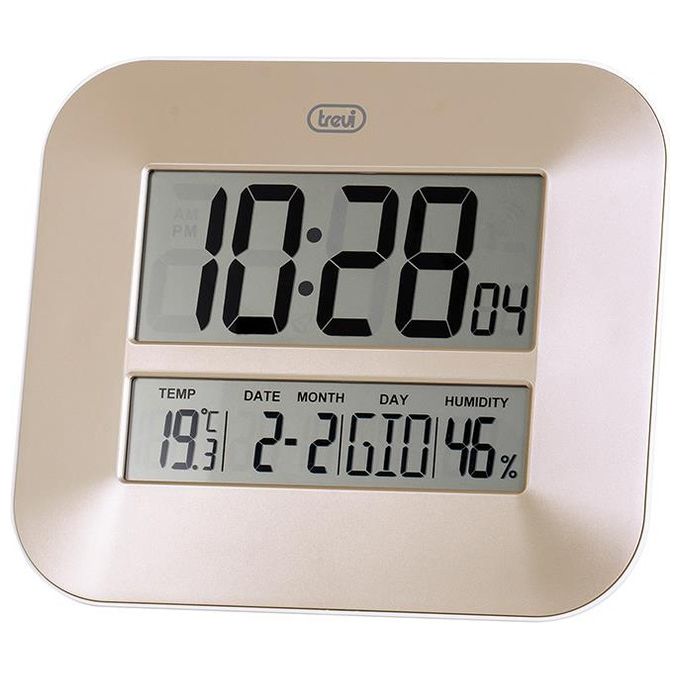 Trevi OM 3520 D Orologio Digitale con Grande Display LCD da Muro Termometro Calendario Multilingue Installazione a Parete o Tavolo Oro