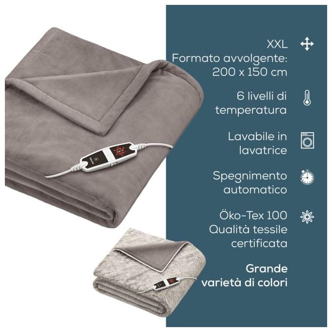 Beurer HD150 XXL Coperta Termica 150 W 6 livelli di temperatura 200x150 cm colore Taupe