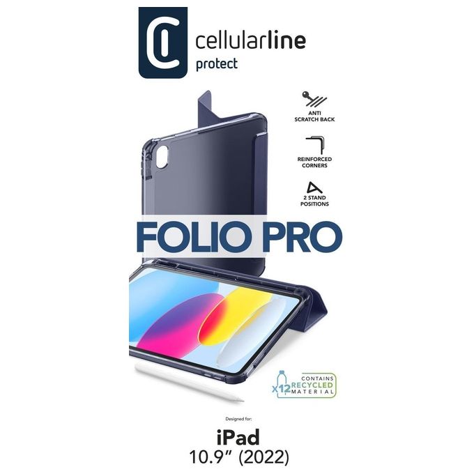 Cellularline FOLIOIPAD22102B Folio Custodia a Libro iPad 10.9'' 2022 Stand 3 Livelli Ecopelle Sleep Wake Pencil Loop colore Blu