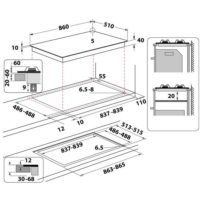 Whirlpool GOA9523NB1 Piano cottura gas 90 cm 5 fuochi da incasso vetro griglie ghisa colore Nero