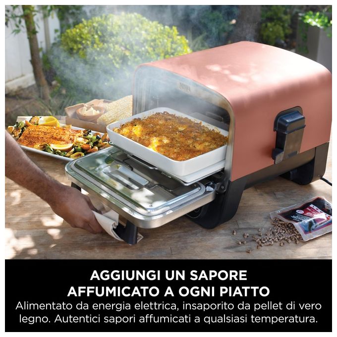 Ninja OO101EU Forno Elettrico da Esterno e Affumicatore 8 Programmi di Cottura Potenza 2400 W Temperatura Max 370 °C (45.7x54.6x38 cm) colore Inox-Rosso