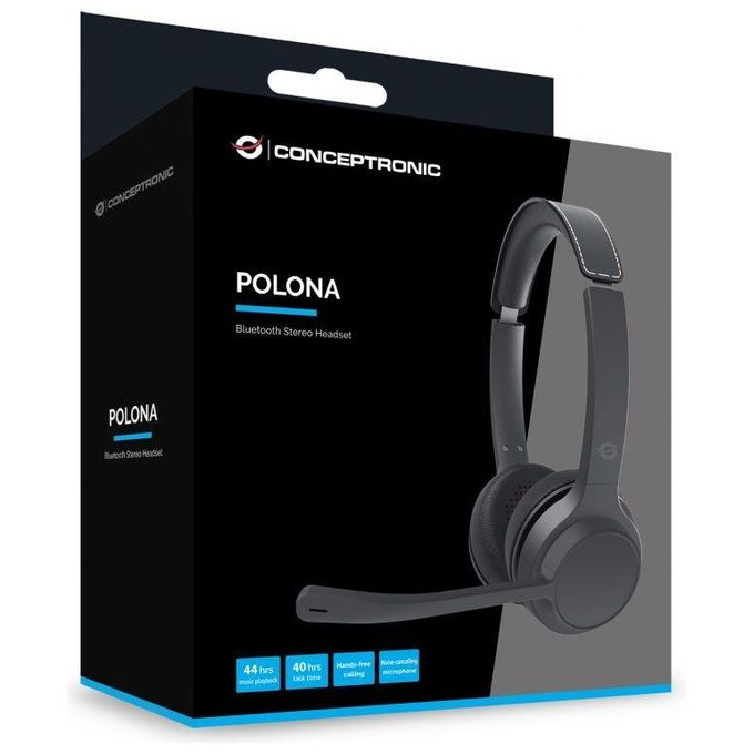 Conceptronic POLONA04B Cuffie Bluetooth 5.3 Over-Ear Cancellazione del Rumore Microfono Mute Autonomia 44 ore colore Nero