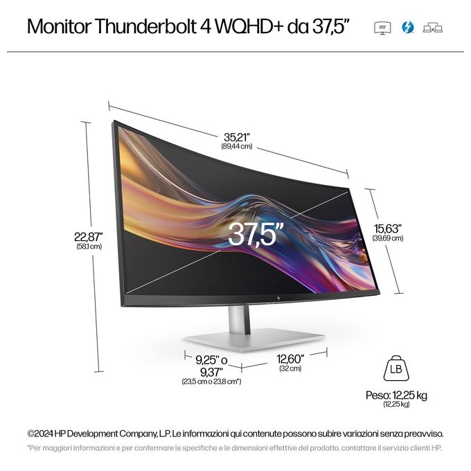 HP 8K167AA#ABB Serie 7 Pro Monitor WQHD+ 3840x1600 37.5'' Thunderbolt 4 21:9 60 Hz 4 altoparlanti 5 ms DisplayHDR 400 USB-C Hub 100 W VESA colore Nero