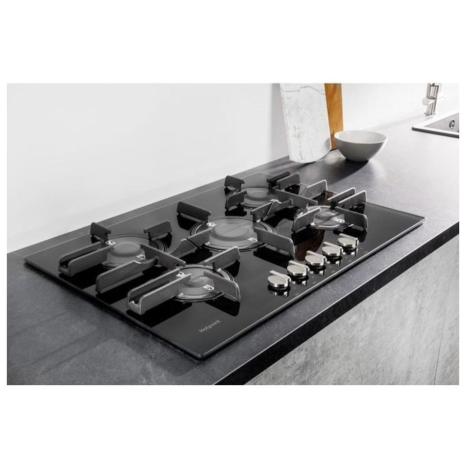 Hotpoint Ariston FTGHG 751 D-HA(BK) Piano Cottura a Gas in Vetro Temperato 5 Fuochi Griglie in Ghisa 75 cm Nero