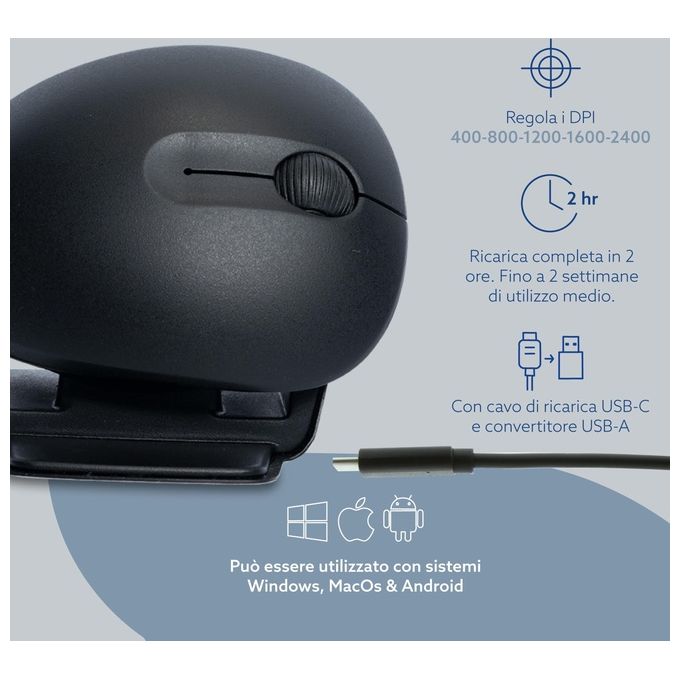 R-Go Tools RGOTWBMWLBL Mouse ergonomico R-Go Twister Ambidestro Pieghevole Bluetooth e USB 2400 DPI con Software di Pausa colore Nero